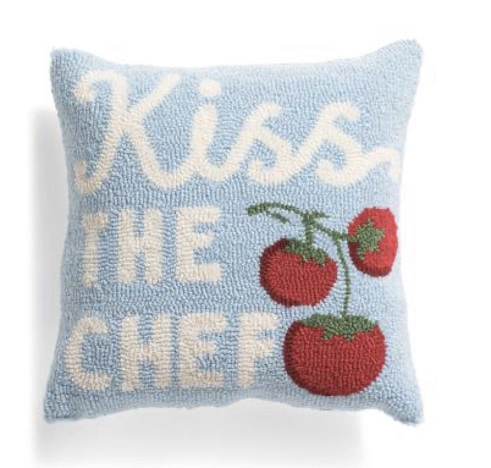 New! Peking Handicraft Blue Hooked “Kiss The Chef” Decorative Pillow 16x16"